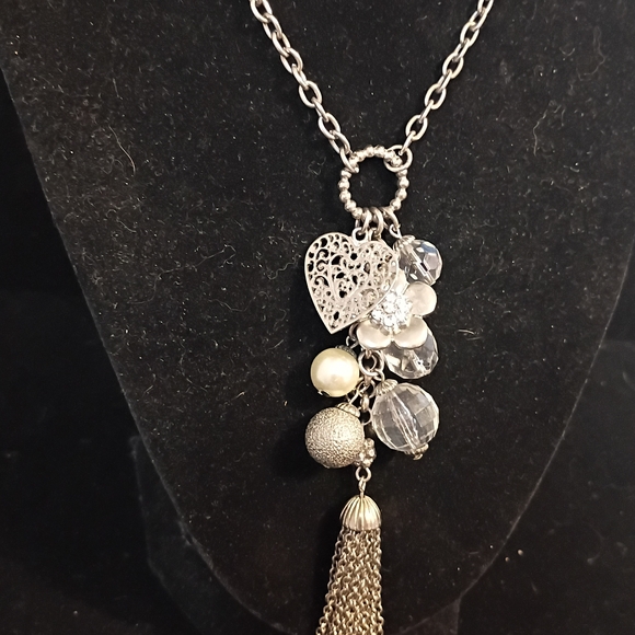 Silver Charm Necklace with Crystal Accents - Picture 3 of 7